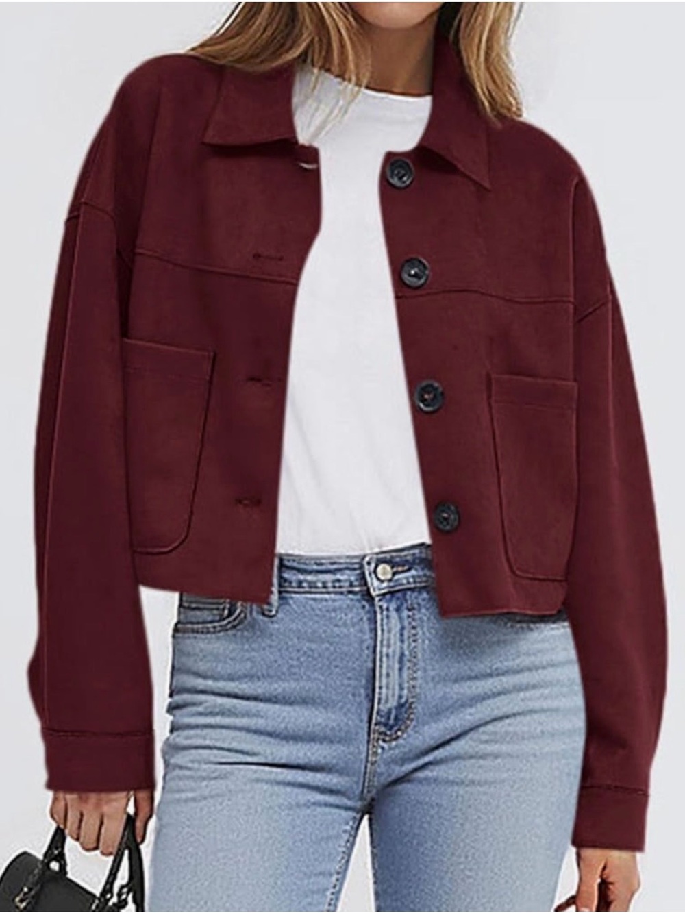 Women’s Cropped Faux Suede Soft Oversized Button-Front Jacket in Burgundy NWOT